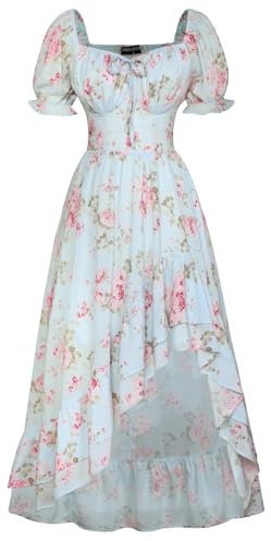 SCARLET DARKNESS Robe victorienne florale pour femme avec manches bouffantes et col carré, Motif floral bleu et rose, XXL