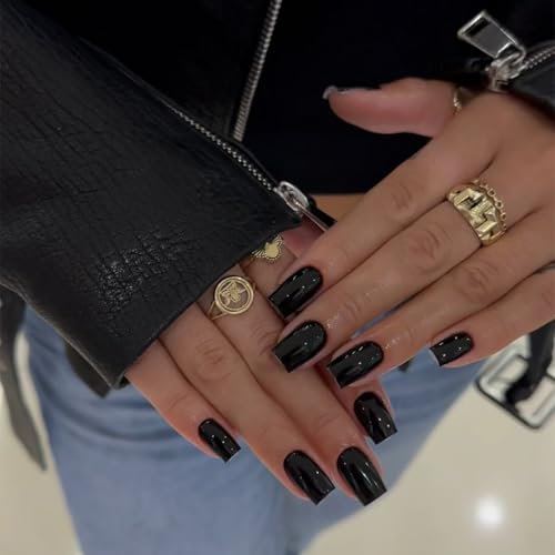 HERBINSOLS Black False Nails - Short Square - 24pcs Set - Glossy - Full Coverage - Waterproof - Gel Material - Perfect for DIY Manicure & Nail Art Decoration