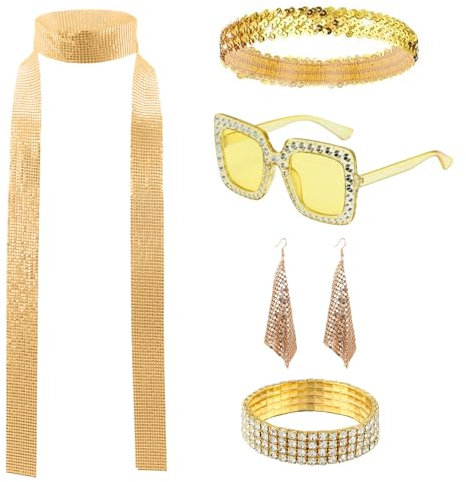 TUONYIS 6 Pièces 70s 80s Disco Costume Accessoires, Deguisement Disco des Années 1970 Femme, Paillettes Foulard Boucles d'oreilles Lunettes Soleil Bracelet et Bandeau pour Rétro Fête (Or)