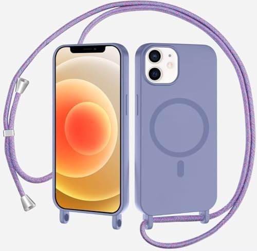 xinyunew Coque Magnétique pour iPhone 12 Mini avec Cordon, Compatible avec MagSafe Collier Étui Silicone Liquide avec Tour de Cou Lanière en Corde Souple TPU Antichoc Housse,Violette