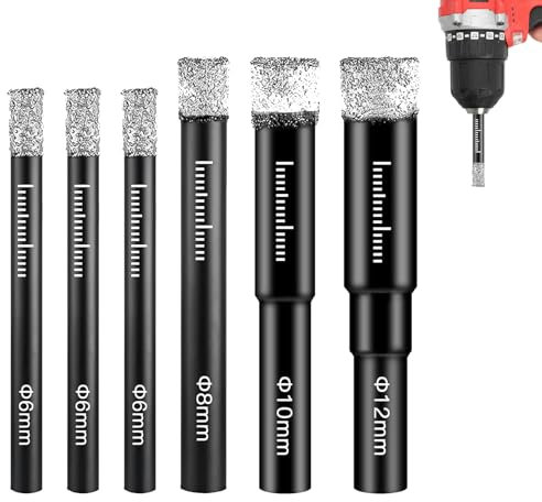 6 PCS Diamond Drill Bit, 6/6/6/8/10/12mm Porcelain Tile Drill Bits Set Diamond Core Drill Bit for Granite Marble Glass & Hard Materials, Round Shank with Wax Core for Cool Heat Dissipation