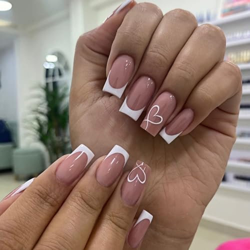 24pcs French Tip False Nails, Pink & Short Square Fake Nails with Heart Design. Nail French Tip for Women & Girls, Glue On Nail, Long-Lasting Gift Set
