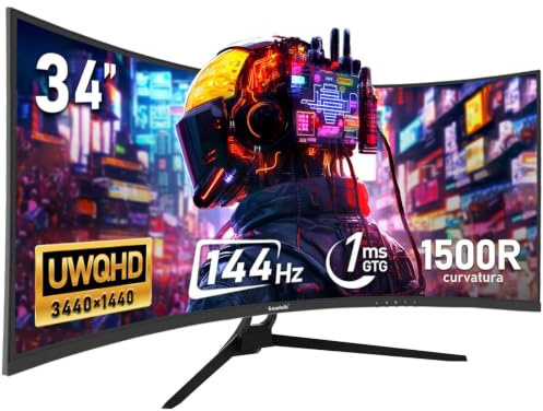 Gawfolk Monitor da gioco (144 Hz, 34 pollici, 1500R, 21:9, UWQHD (3440 x 1440), sincronizzazione adattiva, angolo di visione 178°, DisplayPort 1.4, HDMI 2.0, supportato