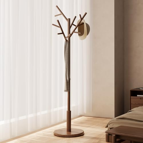 AQIMUELE Garderobenständer Holz, Kleiderständer Massivholz, Jackenständer Baumform, 12 Haken für Jacken, Hüte, Höhe 180 cm, für Flur, Wohnzimmer (Walnuss)
