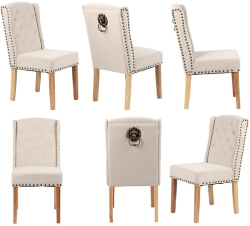 MILLIES DESIGN Set of 6 FRANCESCA Luxury Velvet Dining Chairs, Luxury Velvet Chairs 12 Button backrest, studded detailing, Lion head knocker, wooden legs (BEIGE VELVET)