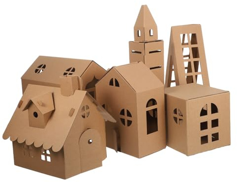 WRITWAA 6pcs Miniature Cardboard House Kit for DIY Paper Village Houses with Coloring Fun Sturdy Crafting Model for Kindergarten Projects Travel Entertainment and Creative Playhouse