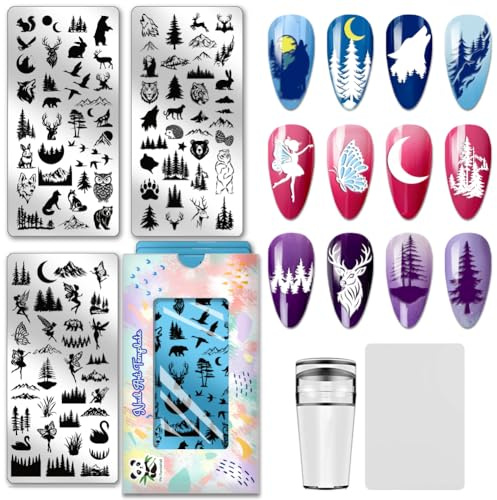 PH PandaHall 3 Stück Feen Nagelstempelplatten Wildtieren Wald Berg Nagelkunst Vorlagen Wölfe Bären Hirsche Nagelkunst Schablonen Naturlandschaften Nageldesign Stempel Für Frauen Maniküre Salondruck