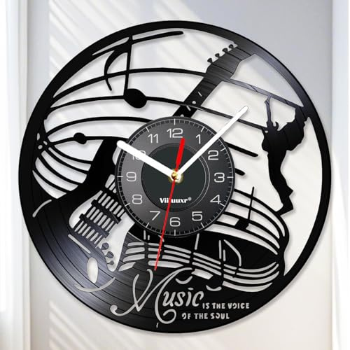 Viiluuxr Vinyl Schallplatten Uhr 30cm Wall Clock Gitarren Bassdesigns Kunsthandwerk Wanduhren ohne Tickgeräusche Musikzimmer Schlafzimmer Deko EIN Geschenk für Musiker und Musikliebhaber. (Schwarz)