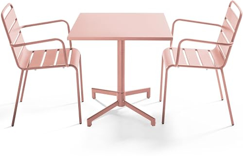 Oviala Palavas Set Tisch 70 cm und 2 Gartensessel aus Metall, Puderrosa