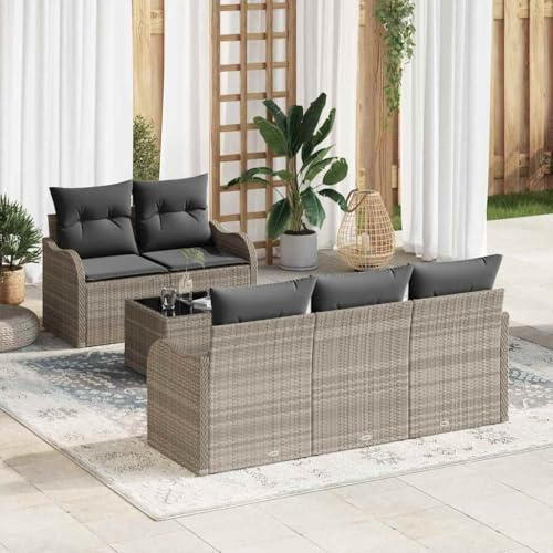 Holamys Garten Sofa Set, 6-teilig, Hellgrau/Dunkelgrau, Poly-Rattan & Stahl, Modular mit Stauraum, für Terrasse & Balkon, stilvolle Outdoor Wohnlandschaft