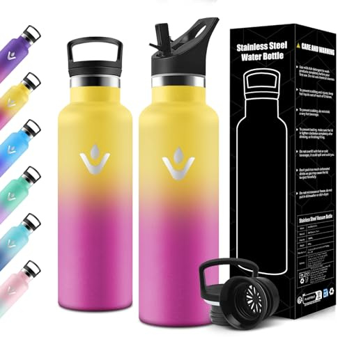Motswedi Botella Termica 750ml, Doble Aislamiento, Botella agua Termica, Mantener 12H Caliente/24 Frío, Cantimplora Infantil, a Prueba de Fugas, Termo agua, para Oficina, Hogar, Amarillo & Rosa