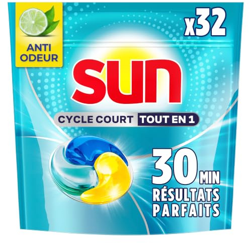 Sun - Capsules Lave-Vaisselle, Cycle Court Tout en 1, 32 Pastilles | Nettoyage rapide dès 30 minutes, technologie gel anti-résidu, neutralise les odeurs, Pastilles Lave-Vaisselle en Gel