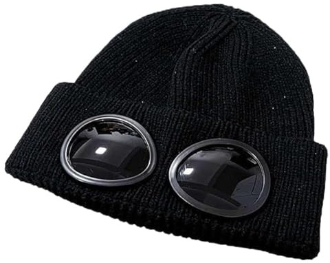 Unisex Solid Color Goggle Lens Design Beanie Hat, Knitted Warm Hat, Beanie Winter Hat with Goggles (Schwarz)