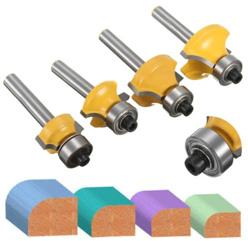 Round Over Router Bit Set, 4-Piece Professional Alloy Steel 1/4 Inch Shank for Woodworking and Edge Forming