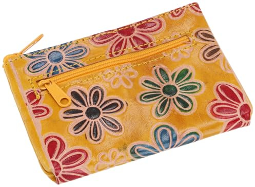 Kleiner Geldbeutel aus geprägtem Leder, Utensilo, praktisch, gelb/Blüte | Hochwertiges 100% Leder, zwei Reißverschlussfächer, ideal für Tagesgeld und wichtige Kleinigkeiten.