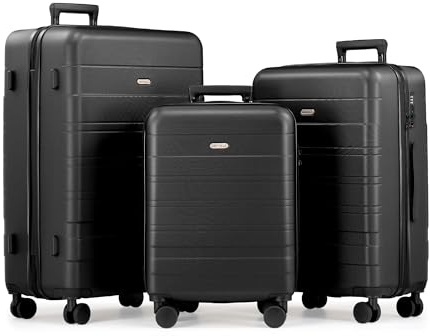 VonHaus Suitcase Set - Black Luggage Set for Travel - 3 Piece Lightweight ABS Hard Shell Suitcases - Telescopic Handle & Double Spinner Wheels - TSA Lock & Anti-Theft Zip - Large, Medium & Cabin Bag