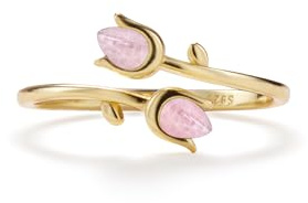 PERIMADE Anello da donna in quarzo rosa con tulipani impilabili, placcato oro 18 carati, anello aperto a fascia con motivo floreale rosa, in argento Sterling 925, regolabile, regalo di compleanno