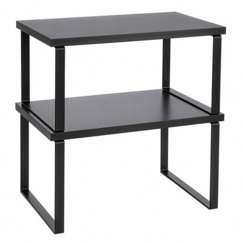 CaitongX Küchenschrank Organizer 2er Set, Gewürzregal Küche aus Metall und Holz, Stapelbar, Küchenregal Arbeitsplatte, Schrank Organizer für Gewürze, Geschirr, Tassen und Küchenzubehör (Schwarz)