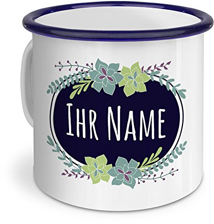 printplanet® Emaille-Tasse mit Namen personalisiert - Motiv Flowers - Nostalgie-Becher, Camping-Tasse, Blechtasse,Farbvariante Blau