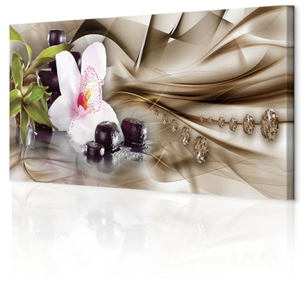 decomonkey Bilder Blumen 120x40 cm 1 Teilig Leinwandbilder Wandbild Zen Spa | Strukturleinwand, Holzkeilrahmen, Bild auf Leinwand, Kunstdruck, Wanddeko, Wohnzimmer, Wanddekoration, Stein, Orchideen