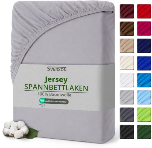 Svenson Jersey-Spannbettlaken – 100% Baumwolle, elastisch, bis 35 cm, geeignet für Boxspring- und Wasserbetten, weich und bequem, 200x220, Silber Grau