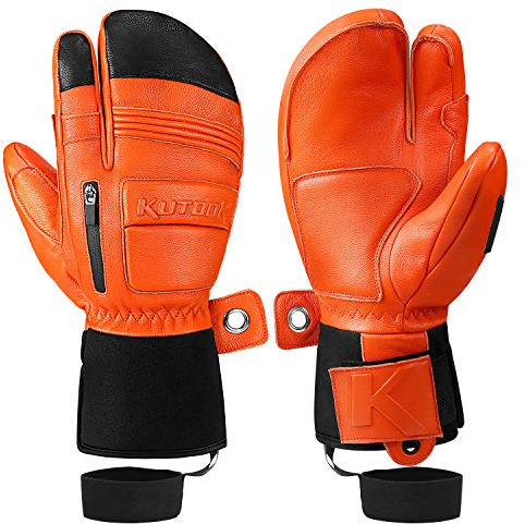 KUTOOK Moufles Gant en Cuir Hiver Imperméable pour Homme Femme Homologués 3 Doigts Ski Gants Coupe Vent Polaire Thermiques Snowboard Luge Motoneige Chauffants Orange S