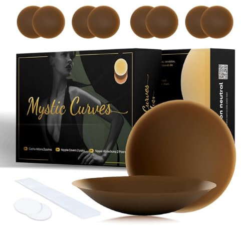 Cache-Tétons Femme Ultra Doux Réutilisables en Silicone, Invisibles Adhésifs Hypo allergéniques, 4 Paires + Bandes + Protections, Robe Dos Nu, Nipple Covers Coque Couvre Seins [8cm Ø] (Chocolat)