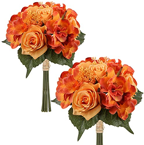 Briful Kunstblume Künstliche Blumenstrauß Kunstpflanze Blumenarrangements 2er Set Hortensie Rosenbouquet Höhe 30cm Dekopflanze für Arrangements Festtags-Tafel o. Hochzeit