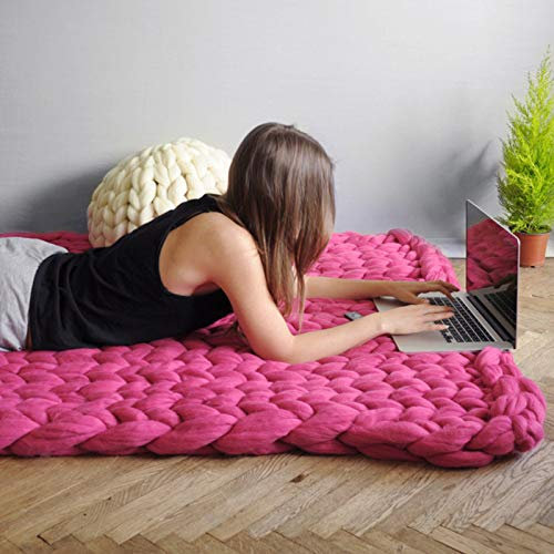 Grob Decke Gestrickte Kuscheldecke Rose pink, Grobstrick Wolldecke Strickdecke 6cm Breit Gestrickt Tagesdecke Überwurf Sofa Decke Zuhause Dekor Geschenk- 100x100cm