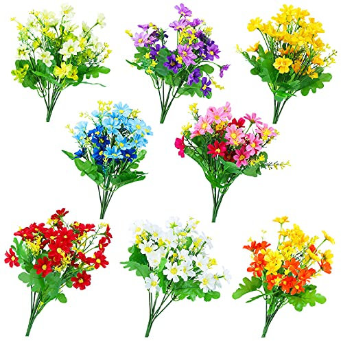 Aodaer 8 Bundles Artificial Flowers of 8 Colors Outdoor Indoor Plastic Fake Faux Flowers for Hanging Baskets Planter Greenery Shrubs Decor