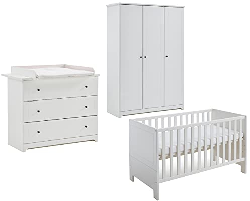 arthur berndt THILO Babyzimmer Komplettset 3-teilig, Kinderbett (70 x 140 cm), Wickelkommode mit Wickelaufsatz und Kleiderschrank MDF Weiß - Made in Germany