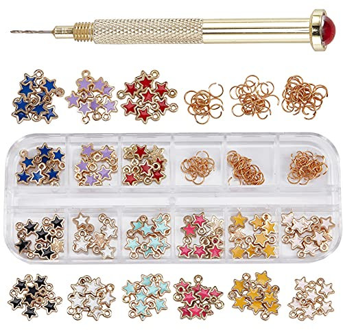 NICENEEDED 153 Pcs Dangle Nail Art Charms Set, bunte Stern Nagel Piercing Charms Dangle, Open Jump Rings Nail Charm mit Nagel Piercing Tool Handbohrer für Dekorationen
