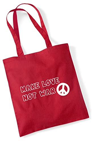 HUURAA Jutebeutel Make Love not War Liebe Tasche Baumwolle 10 Liter Classic Red mit Friedens Motiv Geschenk Idee für Freunde und Familie