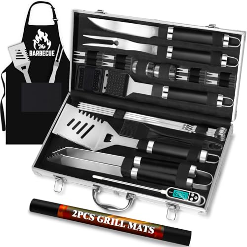 Romanticist 30-teiliges Grillwerkzeug-Set für Männer und Vater, Robustes Edelstahl-Grillutensilien-Set, rutschfestes Grillzubehör-Set mit Thermometer, Matten in Aluminiumkoffer für Reisen, Outdoor