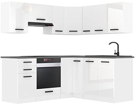 Belini Küchenzeile Küchenblock Küche L-Form Sarah Küchenmöbel mit Griffe, Einbauküche ohne Elektrogeräten mit Hängeschränke und Unterschränke, ohne Arbeitsplatten, Weiß Hochglanz