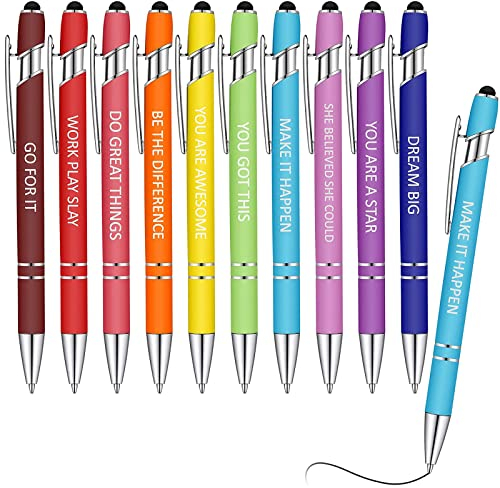 TACYKIBD 10 Stück Kugelschreiber, Inspirierender Einziehbarer Kugelschreiber Zitate, Bildschirm Touch Stylus Pen Metall Motivations Nachrichten Stift mit Schwarzer Tinte für Schreibtisch Mitarbeiter