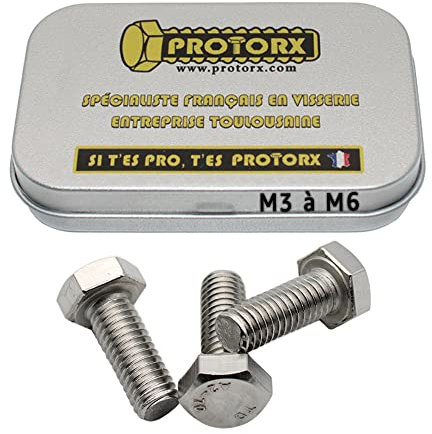 PROTORX Vis Tête Hexagonale Inox M4 x 20mm : Boite 20 Pcs Boulon pour Rondelles Metal Ecrou | Acier A2 Anti-Rouille - DIN 933 | Boite Rangement