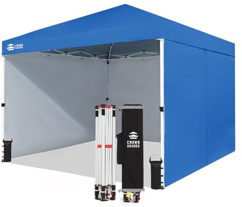 CROWN SHADES 10X10 Comercial Instant Canopy Pop Up Tent with Center Lock (10x10 with 4 Sidewalls, Blue)