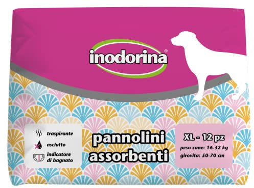 Inodorina, Pannolini Assorbenti Usa e Getta, Tecnologia Traspirante e Indicatore di Bagnato, con Buco per la Coda e Alette Lunghe, per Cani con Peso da 16-32 kg, Taglia XL, 12 pezzi