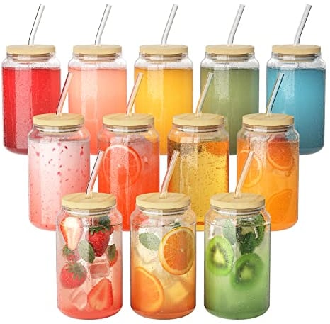 FINEW Vasos Copas Coctel Vidrio con Tapa y Pajita, Juego 12 Vasos 450 ml, Café Helado, Vaso Largo, 2 Cepillos Limpieza, Té Burbujas, Whisky, Cócteles, Cerveza