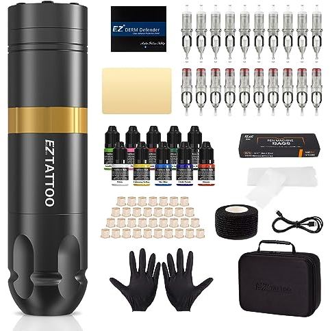EZ Tattoo Maschinen Set - Tattoo Set Komplett mit Rotations Tattoo Maschine, 1500mAh Akku Stromversorgung, 20 Stück Tattoo Nadeln und 10 Farben Tinten für Tattoo Anfänger (Caster S Goldene)