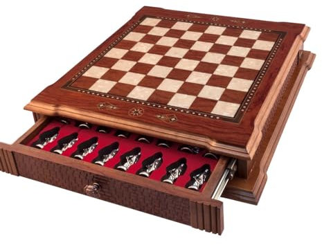 Helena Wood Art, Handgefertigtes Holz Schachbrett mit Aufbewahrungssystem, Römische Schachfiguren aus Metall, Deluxe Edition, Schachspiel, Schachset