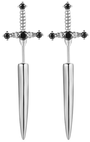 JewelryWe Schwert Ohrringe Herren Ohrstecker: Silber Edelstahl Gothic Punk Langes Schwert Ohrstecker Kreuz Dolch Schraube Ohrring Helix Tragus Ohr Piercings für Männer Junge