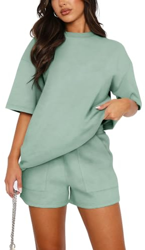 REORIA Damen Tracksuit Kurzarm Rundhalsausschnitt Einfarbig Zweiteiler Hausanzug Loungewear Outfit Jogger Trainingsanzug Set Grau Grün M