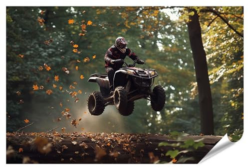 islandburner XXL Bild Poster Quadfahrer vollführt Sprung über Waldstamm, Blätter wirbeln dynamisch Jugendzimmer Quad-Verleih/Offroad-Park