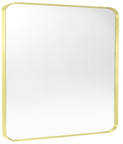 Minuover Badezimmerspiegel mit Metallrahmen, goldfarben, gebürstetes Gold, abgerundete Ecken, rechteckiger Badezimmer-Schminkspiegel, rostfrei, gehärtetes Glas (76,2 x 91,4 cm, Gold)