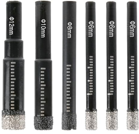 6Pcs Diamond Drill Bit, Porcelain Tile Drill Bit 6mm 8mm 10mm 12mm Tile Drill Bits, Dry Diamond Drill Bits Sets for Granite, Ceramic, Marble, Tile Stone, Glass, Hard Materials (not for Wood)