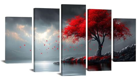 JOSUE 5 Pcs Albero Della Vita Quadro Albero Rosso Della Vita Quadri Su Tela,Rosso Quadri Decorazioni Soggiorno Bagno Cucina Ufficio-80x150cm Incorniciato