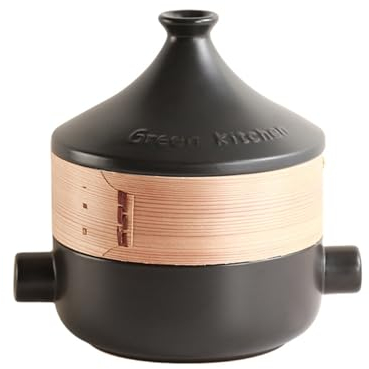 LVYUDS Ceramics 2.2 Quart Tagine, Moroccan Casserole Cone-Shaped Lid Japanese Steamer Compatible with Gas Stoves Suitable for Cooking Soup Porridge Meat (Color : Black, Size : 2.5L_TAJI POT+STEAMER