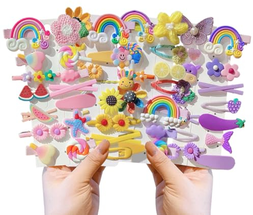 Youery 56 Stück süße Haarspangen Mädchen, modische Haar-Accessoires für Mädchen, Haarschmuck Kinder, bunt, Regenbogen Süßigkeiten Früchte Blumen Haarclips, niedliche Tier-Haarspangen-Set